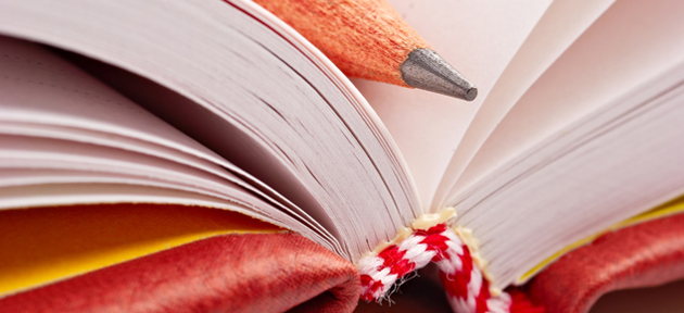 Livro aberto com lápis separando páginas