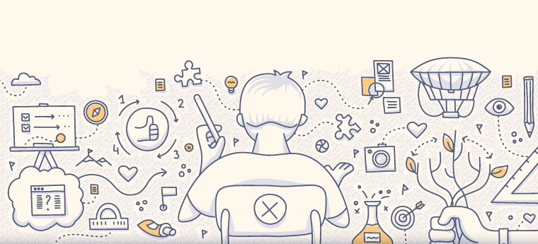 Imagem mostra estudante faznedo atividades e diversos equipamentos como tubos de ensaio computadores e e câmeras flutuando ao seu lado