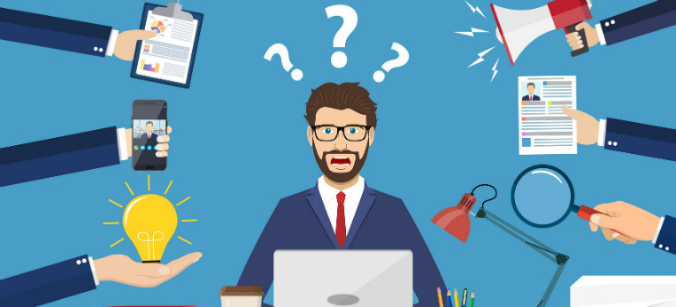 Ilustração de um executivo com muitas demandas e muitas dúvidas