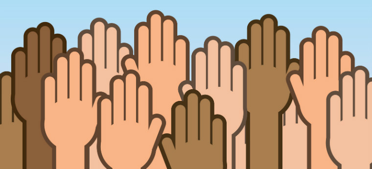 Mãos de indivíduos negros, brancos e pardos em ilustração