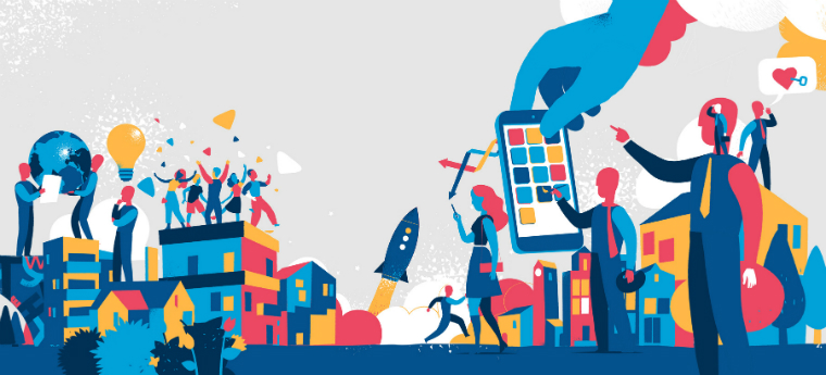 Imagem de cidade com elementos futuristas como foguetes e smartphones, que vão demandar novas habilidades