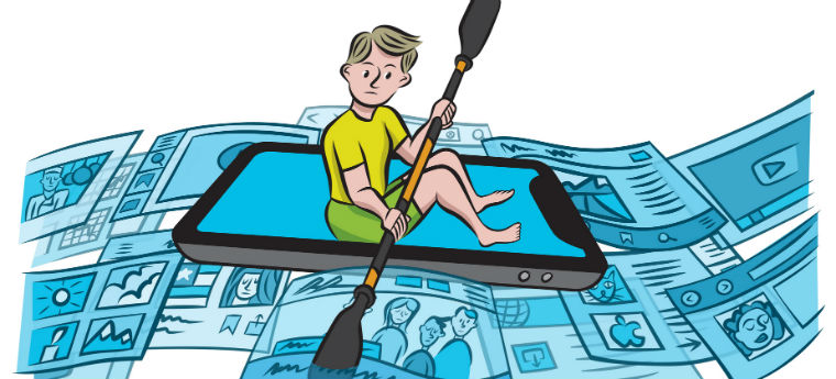 Ilustração mostra jovem navegando sobre um rio de notícias usando um celular como barco