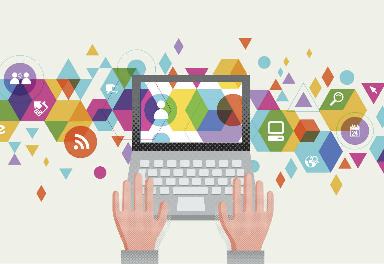 Mão digita em computador portátil e ícones coloridos saltam da tela