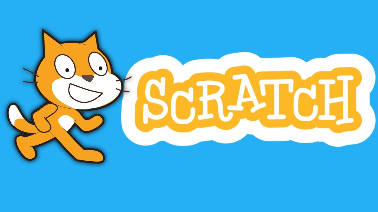 Gato mascote do Sratch ao lado da palavra scratch