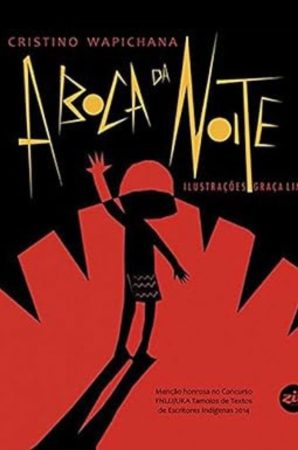 Capa em preto e vermelho do livro "A Boca da Noite", com silhueta de criança e letras amarelas estilizadas.