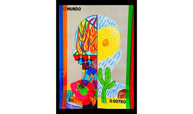 Colagem colorida mostra silhueta dividida com símbolos do “eu”, “o outro” e “o mundo”