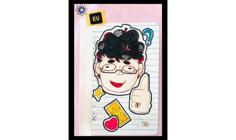 Desenho de rosto sorridente com símbolos como coração, estrela e interrogação