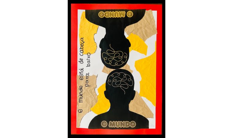 Duas silhuetas espelhadas com linhas confusas no cérebro e fundo amarelo