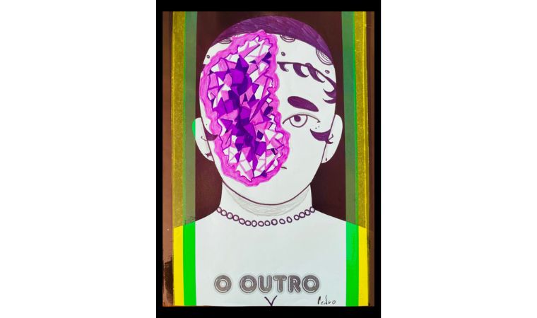 Rosto com metade coberta por colagem roxa facetada; abaixo, a palavra “O OUTRO”