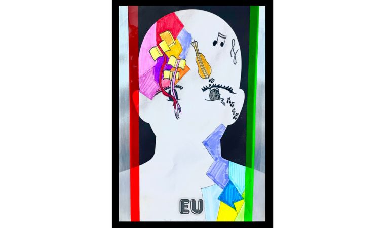 Silhueta branca com desenhos de olho, livros, notas musicais e formas coloridas