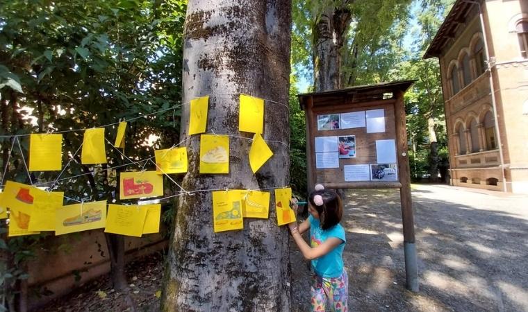 Menina prende desenhos amarelos em corda amarrada a uma árvore