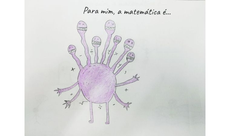 Criatura roxa com vários braços e símbolos matemáticos, representando a matemática como um monstro.