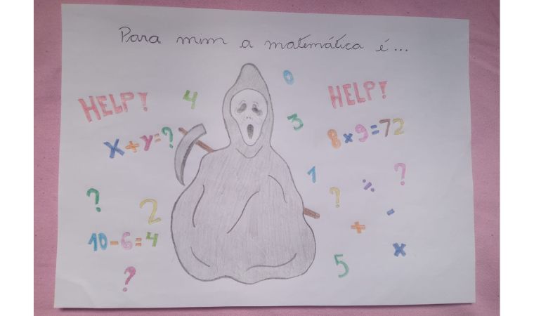 Figura sombria com expressões de ajuda cercada por operações matemáticas.