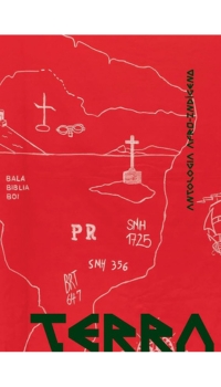 Capa vermelha com mapa e elementos gráficos em branco