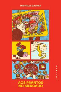 Ilustrações em quadrinhos com cenas de comida e mercado