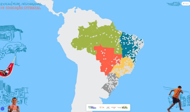 Mapa do Brasil com estados coloridos por regiões e pontos brancos representando experiências de educação integral